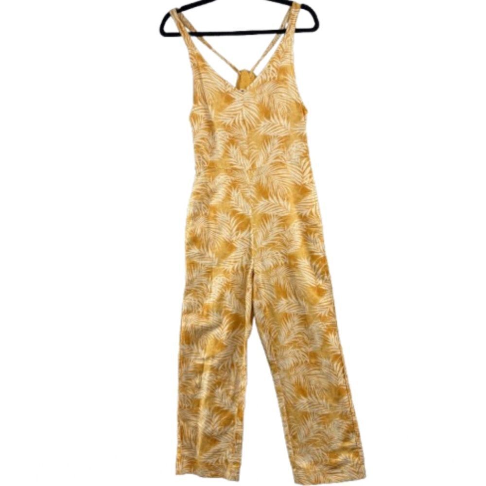 Rip Curl Jumpsuit Yellow Palm Leaf Linen Size XS Vacation Lightweight